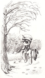 Size: 1768x3018 | Tagged: source needed, safe, artist:mcstalins, twilight sparkle, pony, unicorn, g4, clothes, cute, female, happy, hat, looking at you, mare, monochrome, open mouth, pronking, scarf, smiling, snow, traditional art, tree, winter