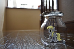 Size: 1600x1067 | Tagged: safe, artist:patoriotto, derpy hooves, pegasus, pony, g4, bottle, female, jar, mare, ponies in real life, pony in a bottle, tiny, tiny ponies