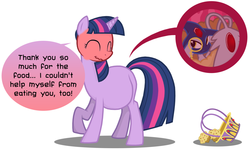 Size: 1024x614 | Tagged: safe, artist:irateliterate, twilight sparkle, oc, azelf, pony, unicorn, g4, blushing, canon x oc, crossover, cupix, dialogue, eaten alive, female, fetish, genuine-azelf, internal, mare, muffin, pokémon, self insert, twipred, vore, wat