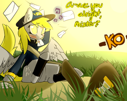 Size: 1024x819 | Tagged: safe, artist:serendipity-kitty, derpy hooves, doctor whooves, time turner, pegasus, pony, g4, blushing, clothes, crash, female, mail, mare, uniform, working