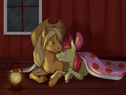 Size: 1280x960 | Tagged: dead source, safe, artist:cartoonlion, apple bloom, applejack, g4, blanket, commission, lantern, realistic