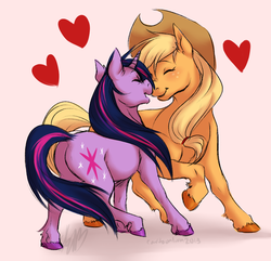 Size: 888x856 | Tagged: dead source, safe, artist:cartoonlion, applejack, twilight sparkle, g4, blushing, boop, cute, eyes closed, female, happy, heart, lesbian, nose wrinkle, noseboop, nuzzling, open mouth, raised hoof, raised leg, ship:twijack, shipping, smiling, unshorn fetlocks