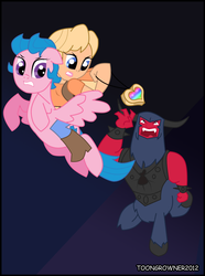 Size: 1459x1966 | Tagged: safe, artist:toongrowner, firefly, megan williams, tirac, centaur, human, pegasus, pony, g1, g4, female, g1 to g4, generation leap, humans riding ponies, male, mare, meganfly, rainbow of darkness, rainbow of light, riding