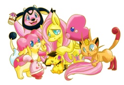 Size: 1102x754 | Tagged: safe, artist:kittyarts, fluttershy, audino, happiny, luvdisc, meowth, miltank, pichu, g4, crossover, pink, pokémon, shiny pokémon