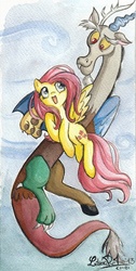 Size: 504x1000 | Tagged: safe, artist:chibi91, discord, fluttershy, g4, female, male, ship:discoshy, shipping, straight, traditional art
