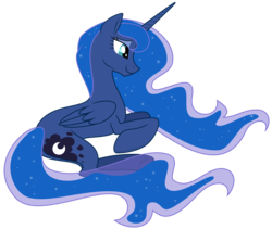 Size: 2079x1756 | Tagged: dead source, safe, artist:kumkrum, princess luna, g4, female, missing accessory, prone, simple background, solo