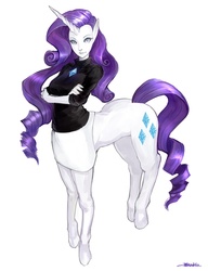 Size: 766x1000 | Tagged: safe, artist:kazeco, rarity, centaur, ponytaur, taur, g4, clothes, crossed arms, female, horn, pixiv, realistic horse legs, skirt, solo, sweater