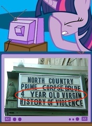 Size: 562x771 | Tagged: safe, twilight sparkle, g4, exploitable meme, facehoof, fail, meme, sign, the 4 year old virgin, the 40 year old virgin, tv meme