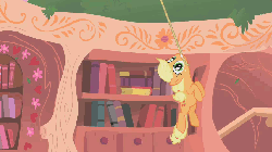 Size: 854x480 | Tagged: safe, screencap, applejack, earth pony, pony, g4, look before you sleep, season 1, animated, female, golden oaks library, hanging, mouth hold, rope, silly, silly pony, solo, suspended, swinging, swingjack, tree
