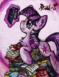 Size: 1100x1451 | Tagged: safe, artist:php166, twilight sparkle, g4, book, chest fluff, female, library, pile, read, solo