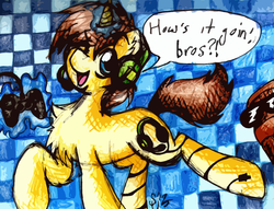 Size: 1454x1108 | Tagged: safe, artist:php166, checkered background, controller, dialogue, glowing horn, headset, horn, levitation, magic, male, pewdiepie, ponified, stallion, telekinesis