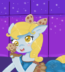 Size: 900x1000 | Tagged: safe, artist:lizabeywonder, derpy hooves, pegasus, pony, g4, blushing, bow, clothes, dress, female, gala, gala dress, grand galloping gala, mare, muffin, night, solo