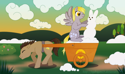 Size: 900x534 | Tagged: safe, artist:fogdragon23, derpy hooves, doctor whooves, time turner, pegasus, pony, rabbit, g4, winter wrap up, female, mare, snow, snowman, wagon