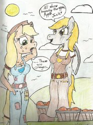 Size: 771x1037 | Tagged: safe, artist:doodlethepony, applejack, derpy hooves, anthro, g4, breasts, busty applejack, busty derpy hooves, female, orange, speech bubble, traditional art