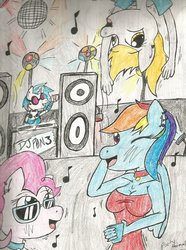 Size: 771x1037 | Tagged: safe, artist:doodlethepony, derpy hooves, dj pon-3, pinkie pie, vinyl scratch, anthro, g4, disco ball, music, music notes, sunglasses, traditional art