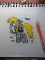 Size: 720x960 | Tagged: safe, artist:neontrees642, derpy hooves, pegasus, pony, g4, bag, female, letter, mail, mailbag, mare, muffin, notebook, pencil, solo, traditional art
