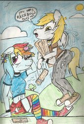 Size: 736x1085 | Tagged: safe, artist:doodlethepony, derpy hooves, rainbow dash, anthro, g4, board, bump, cloud, injured, plank, traditional art, wood