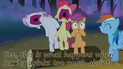 Size: 1280x720 | Tagged: safe, apple bloom, rainbow dash, scootaloo, sweetie belle, g4, absinthe, alcohol, insane pony thread