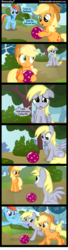 Size: 1000x3650 | Tagged: safe, artist:coltsteelstallion, applejack, derpy hooves, rainbow dash, earth pony, pegasus, pony, g4, applejack's hat, ball, bipedal, comic, cowboy hat, crying, feels, female, floppy ears, flying, hat, lonely, mare, open mouth, running, sad, speech bubble, tower of pimps, trio, trio female, wholesome