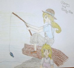 Size: 900x831 | Tagged: safe, artist:strawberrysprinkle, derpy hooves, dinky hooves, fish, g4, equestria's best mother, fishing, hat, humanized, log, traditional art