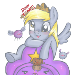 Size: 800x794 | Tagged: safe, artist:tanyamya, derpy hooves, parasprite, pegasus, pony, g4, adventure time, crossover, female, lumpy space princess, male, mare, muffin, tongue out