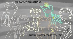 Size: 1024x546 | Tagged: safe, artist:crazypizzafan927, bon bon, derpy hooves, dj pon-3, doctor whooves, lyra heartstrings, octavia melody, sweetie drops, time turner, vinyl scratch, earth pony, pegasus, pony, unicorn, g4, background six, doctor who, female, magic, male, mare, parody, stallion