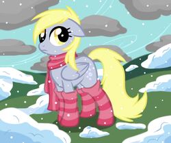 Size: 612x512 | Tagged: safe, artist:fire-girl872, derpy hooves, pegasus, pony, g4, clothes, cloud, cloudy, female, mare, scarf, snow, snowfall, socks, solo, striped socks, winter