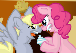 Size: 4961x3508 | Tagged: safe, derpy hooves, pinkie pie, pegasus, pony, g4, argument, cupcake, cupcakes vs muffins, derpy hooves is not amused, female, fight, mare, muffin, pinkie pie is not amused, unamused, vs