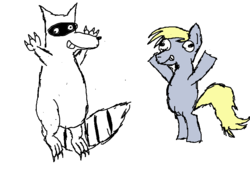 Size: 878x615 | Tagged: safe, artist:red-rat-writer, derpy hooves, pony, raccoon, g4, bipedal, standing