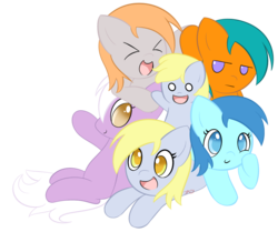 Size: 900x751 | Tagged: safe, artist:pokumii, blue october, blueberry muffin, derpy hooves, drizzledrips, grape soda, orange box, pegasus, pony, g4, chibi, cute, dizzy hooves, dogpile, female, mare