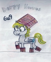 Size: 809x987 | Tagged: safe, artist:derekmmelendez, derpy hooves, pegasus, pony, g4, :3, bag, female, mare, paper bag, paper bag wizard, traditional art