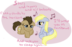 Size: 1024x675 | Tagged: safe, artist:fire-girl872, derpy hooves, doctor whooves, time turner, pegasus, pony, lovestruck derpy, g4, blushing, female, lullaby, male, mare, music notes, ship:doctorderpy, shipping, singing, song, straight