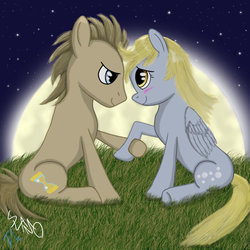 Size: 894x894 | Tagged: safe, artist:slamoleo, derpy hooves, doctor whooves, time turner, pegasus, pony, g4, female, male, mare, moon, night, ship:doctorderpy, shipping, straight