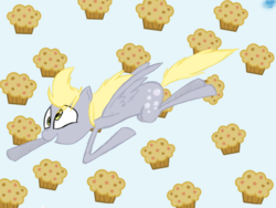 Size: 1024x768 | Tagged: safe, artist:miim7, derpy hooves, pegasus, pony, g4, female, flying, mare, muffin, solo