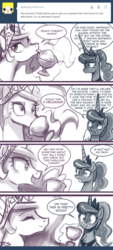 Size: 500x1108 | Tagged: safe, artist:johnjoseco, princess celestia, princess luna, alicorn, pony, ask princess molestia, gamer luna, princess molestia, g4, comic, cute, e3, high ponytail, long hair, nintendo, ponytail, yogurt