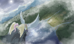 Size: 2000x1200 | Tagged: safe, artist:blueteardrop, fluttershy, rainbow dash, human, g4, cliff, flying, humanized, scenery, vertigo, water, winged humanization