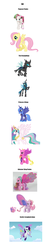 Size: 791x3772 | Tagged: safe, daisy dreams, fluttershy, ploomette, princess cadance, princess celestia, princess luna, queen chrysalis, rarity, changeling, pegasus, pony, g4, alicorn wings, comparison, evolution of winged ponies, glimmer wings, princess wings, raricorn, toy, wings