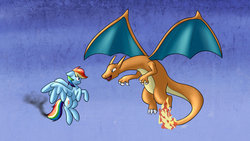 Size: 1191x670 | Tagged: dead source, safe, artist:whatsapokemon, rainbow dash, charizard, g4, duo, pokémon