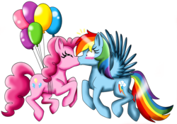 Size: 2160x1516 | Tagged: safe, artist:shadeila, pinkie pie, rainbow dash, earth pony, pegasus, pony, g4, balloon, blushing, duo, female, kiss on the lips, kissing, lesbian, mare, ship:pinkiedash, shipping, then watch her balloons lift her up to the sky