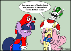 Size: 700x506 | Tagged: safe, artist:zarshi-zarshi, angel bunny, fluttershy, twilight sparkle, anthro, g4, clothes, cross-popping veins, crossover, hat, in another castle, luigi, male, mario, moustache, nintendo, overalls, speech bubble, super mario bros., toad (mario bros)