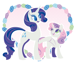 Size: 700x600 | Tagged: dead source, safe, artist:yousukou, rarity, sweetie belle, pony, unicorn, g4, :d, belle sisters, duo, female, full body, happy, heart, holding hooves, looking at each other, looking at someone, no catchlights, open mouth, open smile, siblings, side view, sisters, smiling