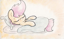 Size: 1177x723 | Tagged: safe, artist:slightlyshade, scootaloo, g4, blanket, female, pillow, sleeping, solo, traditional art, watercolor painting