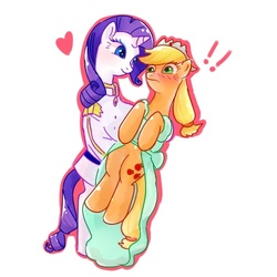 Size: 500x500 | Tagged: safe, artist:nyankamedon, applejack, rarity, g4, blushing, carrying, clothes, dress, female, heart, lesbian, ship:rarijack, shipping