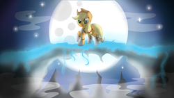 Size: 3000x1687 | Tagged: safe, artist:malamol, applejack, g4, armor, bridge, female, moon, night, solo