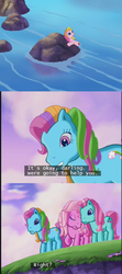 Size: 638x1433 | Tagged: safe, screencap, minty, pinkie pie (g3), rainbow dash (g3), rarity (g3), earth pony, pony, unicorn, g3, the runaway rainbow, danger, female, horn, jerk, lol, mare, rainbow douche, river, rock, subtitles, water, waterfall