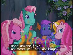 Size: 640x480 | Tagged: safe, screencap, master kenbroath gilspotten heathspike, minty, pinkie pie (g3), rainbow dash (g3), rarity (g3), g3, the runaway rainbow, bedroom eyes, fire, out of context, subtitles