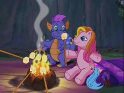 Size: 640x480 | Tagged: safe, screencap, master kenbroath gilspotten heathspike, rarity (g3), g3, the runaway rainbow, campfire, cute, daaaaaaaaaaaw, fire, marshmallow, stick