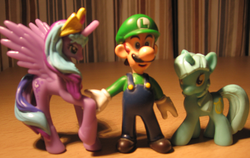 Size: 557x351 | Tagged: safe, artist:solrac31337, lyra heartstrings, princess luna, human, g4, crossover, figure, irl, luigi, male, nintendo, photo, super mario bros., toy