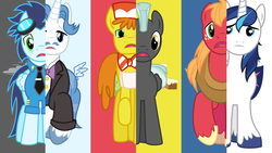 Size: 1280x720 | Tagged: safe, artist:chainchomp2, big macintosh, carrot cake, fancypants, shining armor, soarin', thunderlane, earth pony, pegasus, pony, unicorn, g4, alternate mane six, background six, hilarious in hindsight, male, missing accessory, parody, stallion, swapped cutie marks, vector, what my cutie mark is telling me
