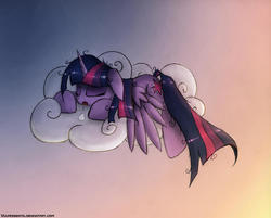 Size: 2732x2195 | Tagged: safe, artist:vulpessentia, twilight sparkle, alicorn, pony, g4, :o, cloud, cute, eyes closed, female, floppy ears, mare, messy mane, on a cloud, prone, sleeping, solo, twilight sparkle (alicorn)